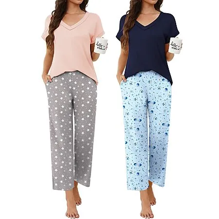 2-ct Ekouaer Women’s V-Neck Short Sleeve Pajama Sets w/ Ankle-Length Pants