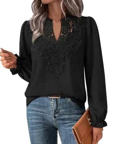 WIHOLL Tops Lace Long Sleeve V Neck
