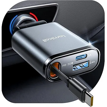 Prime Members: Lamicall Car Charger w/ 30W Retractable USB-C (Gray)