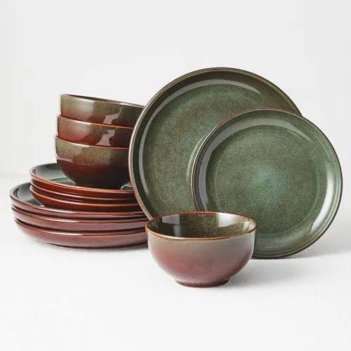 Stoneware Dinnerware Sets for 4, 12pcs Plates and Bowls Sets Dishes