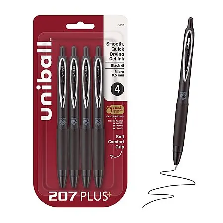 4-pk Uni-Ball 207+ Micro 0.5mm Retractable Gel Pens (black)