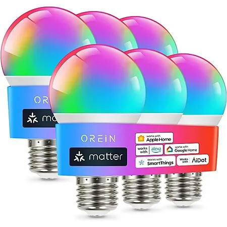 6-pk OREiN Matter A19 RGBTW Color Changing Smart LED Light Bulbs