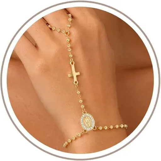 Gold Rosary Hand Chain Bracelets - 14K Gold Plated Virgin Mary Cross Ring Bracelets