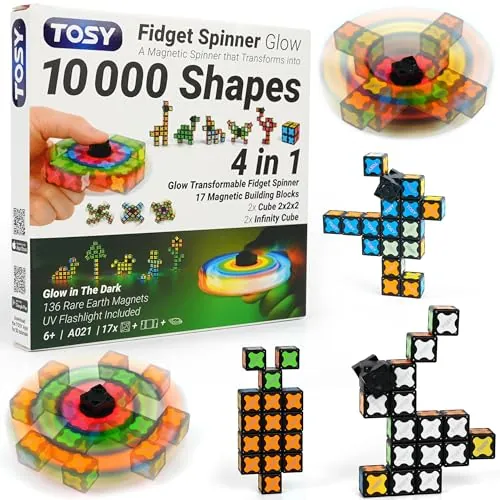 TOSY 16-Block 3-in-1 Magnetic Fidget Spinner, Infinity Cube & 2x2 Puzzle Cube Set w/ UV Flashlight (Glow)