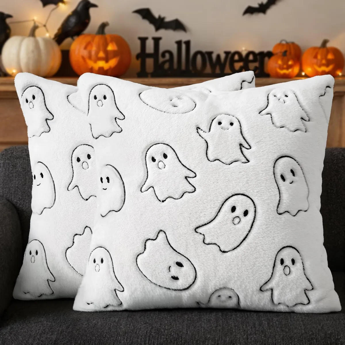 Faux Rabbit Fur Ghost Halloween Pillow Covers 18″x18″ 2-Pack