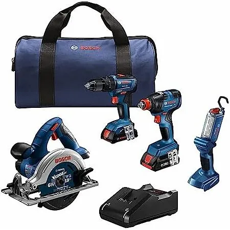 BOSCH 18V 4-Tool Kit w/ Impact, Hammer Drill, Circ Saw, Light, 2Ah & 4Ah Batteries