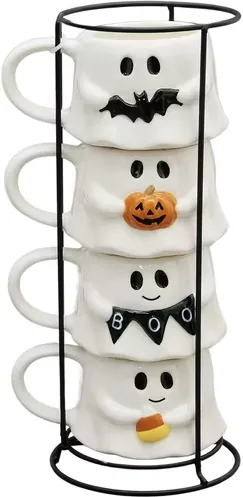 Halloween Ghost Stack Ceramic Mugs, 4-Pack, 12 fl oz