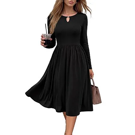 Kirundo Long Sleeve Keyhole Neck Empire Waist Midi Dress w/ Pockets