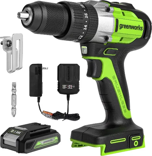 Greenworks POWERALL 24V Cordless Brushless 1/2" Hammer Drill 530 in-lbs. with 2.0Ah Battery and Charger