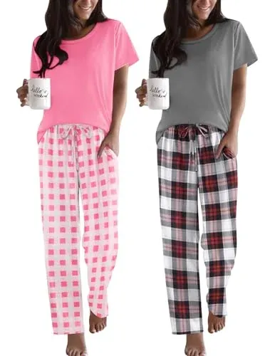Ekouaer Womens Pajama Set Short Sleeve Top and Printed Pants Soft Pj 2-Pack