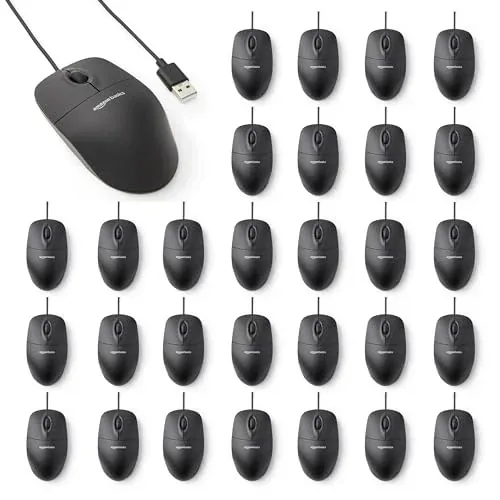 Amazon Basics 3-Button USB Wired Computer Mouse, Black (30-Pack)