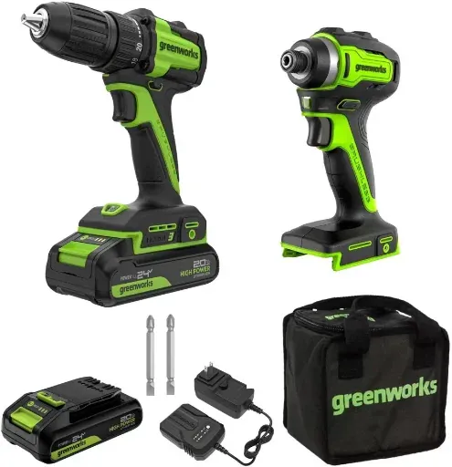 Greenworks POWERALL 24V Cordless Brushless Drill/Impact Driver with 2 Batteries