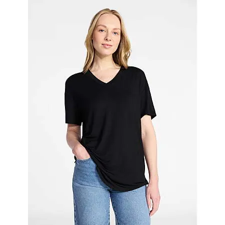 Time and Tru Women's V-Neck Short Sleeve Tunic Tee (Black, XS-M)