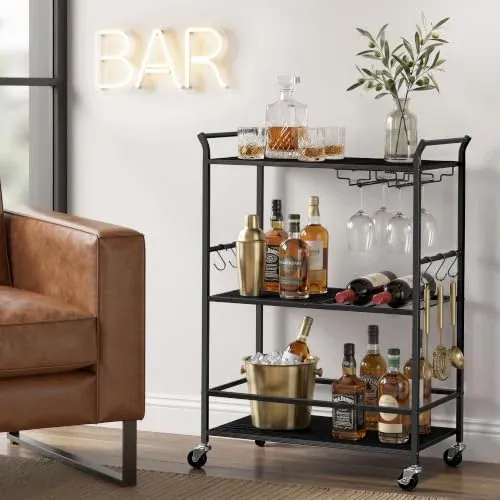 VASAGLE Bar Cart with Wheels, Drink Cart with Wine Rack and Glass Holder