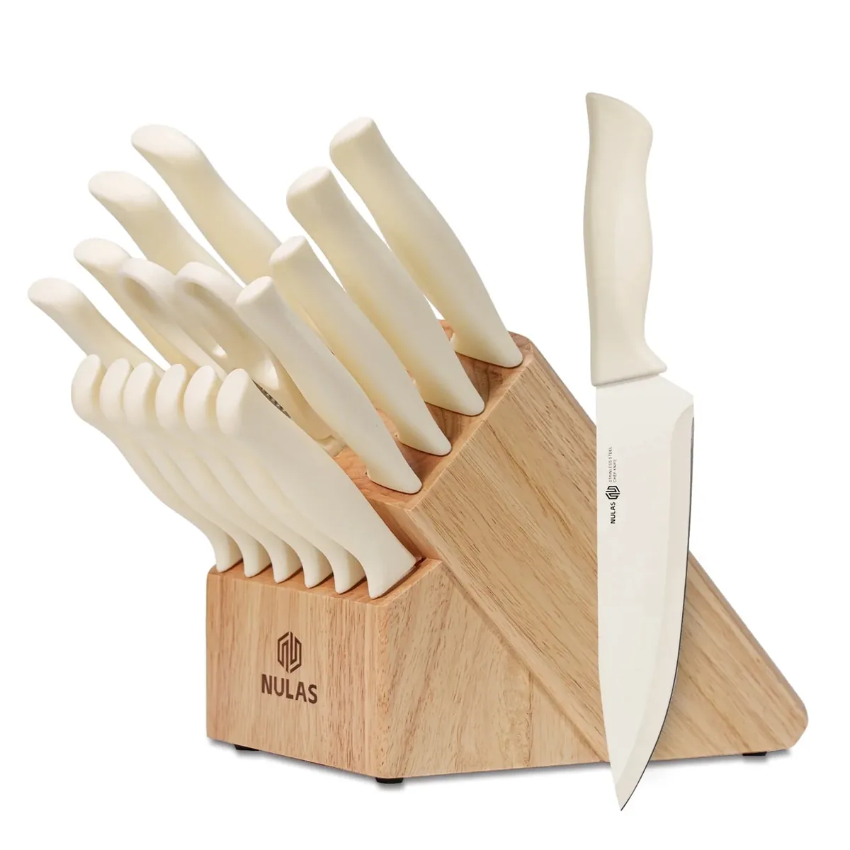 NULAS Knife Set, 17-Piece with Block & Sharpener
