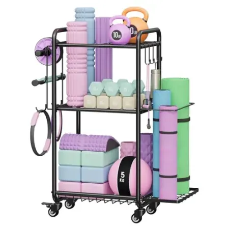 Jusgym Multi-Functional Home Gym Storage Rack w/ Wheels, Hooks