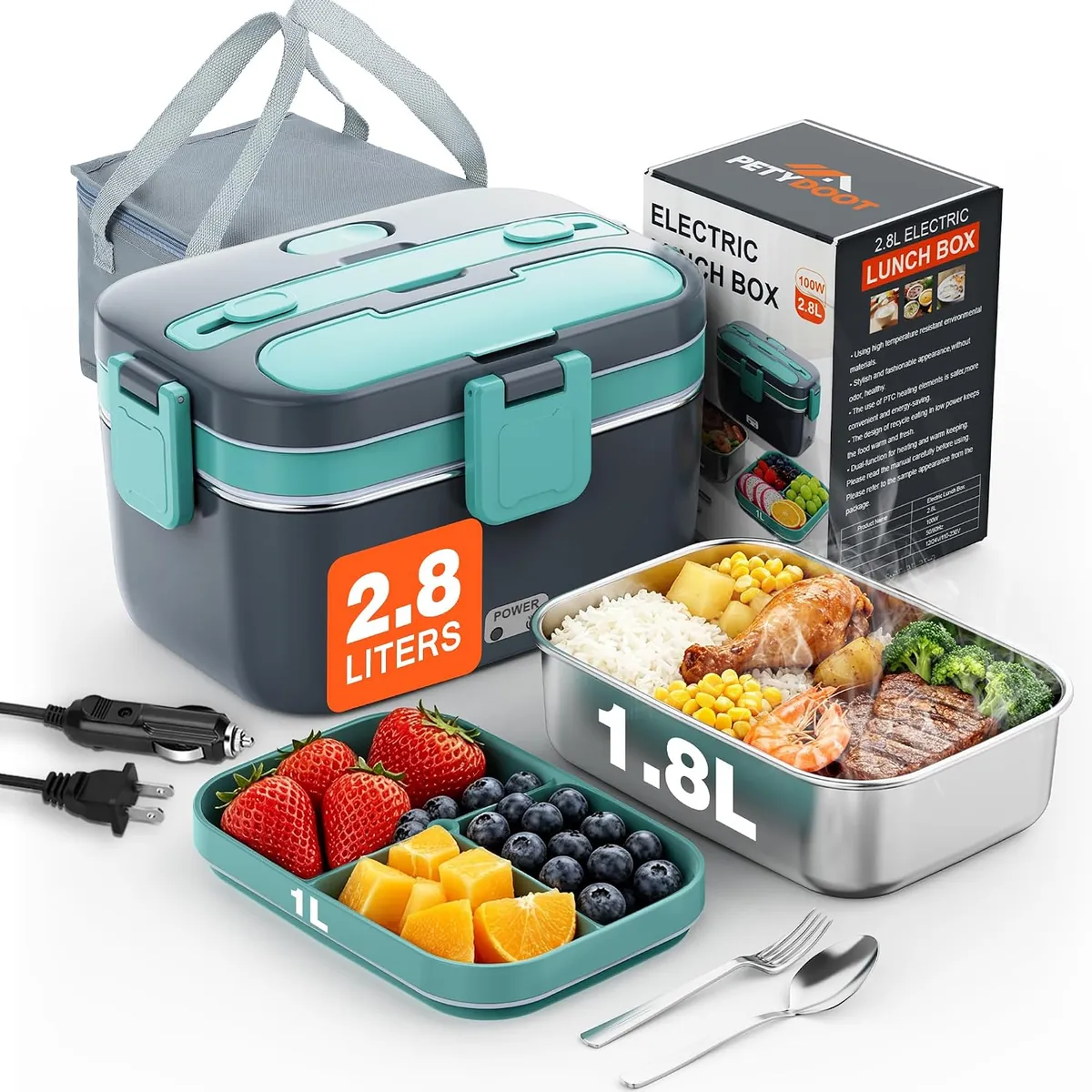 PETYDOOT 2.8L Electric Heated Lunch Box in Gray/Green
