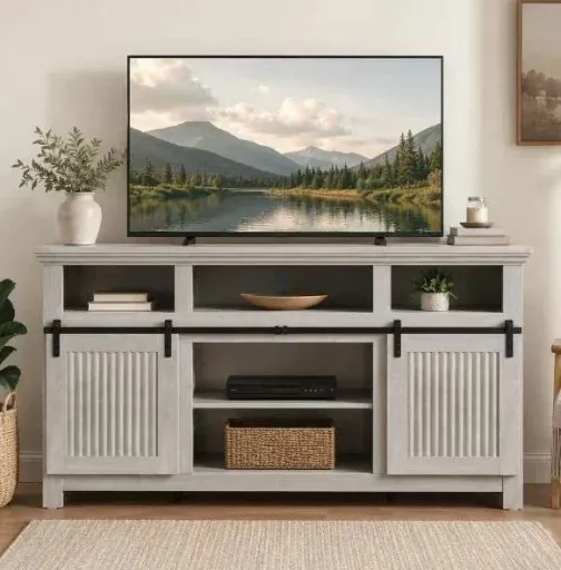 60.6" Farmhouse TV Stand Entertainment Center with Sliding Barn Door Cabinet (Wash White Gray)