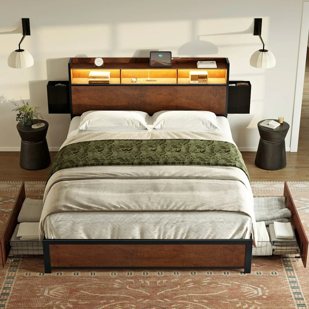 17 Stories Livia Queen Platform Bed Frame w/ Charging Station & LED Light