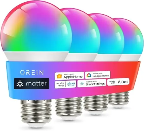 OREiN Matter A19 E26 Wi-Fi Smart LED Bulbs 4-Count (800 Lumens, RGBTW Color Changing)