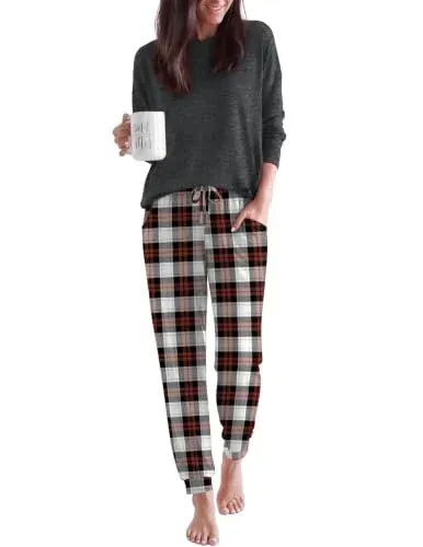 Ekouaer Women's Long Sleeve Pajama Set w/ Pocketed Jogger Pants (2-Piece)