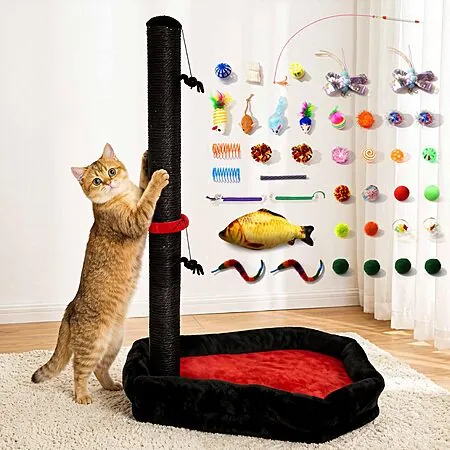 Prime Members: 34" VIEFIN Gothic Cat Scratching Post w/ 40 Pcs Halloween Toys