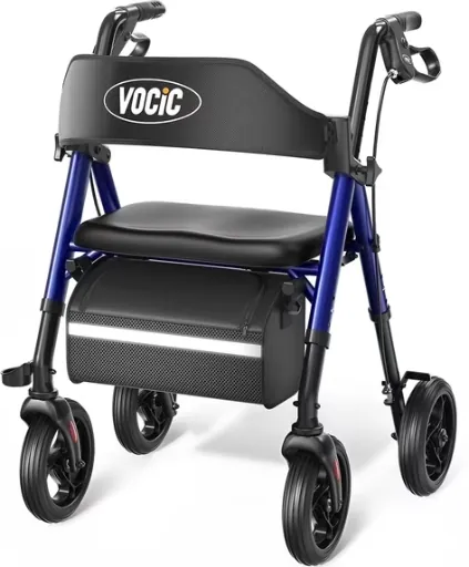 Vocic Heavy Duty Rollator Walker w/ Seat & Storage Bag (350lb Capacity, Blue)