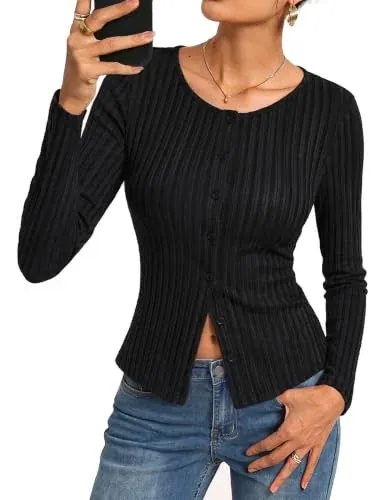 Kate Kasin Women's Ribbed Button-Up Slim Fit Long Sleeve Shirt
