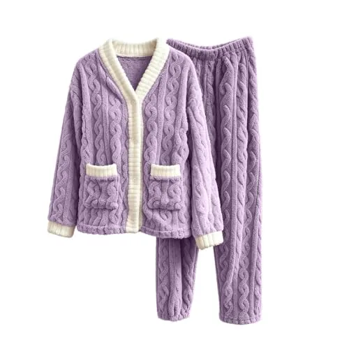 Winter Fleece Fuzzy Button Down Pajamas - 2 Piece Set