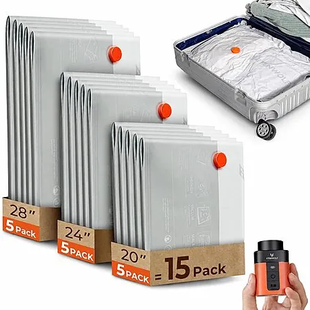 ETENWOLF 15-Pc Vacuum Storage Bags + Wireless Travel Pump