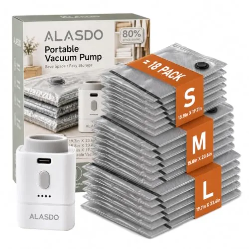ALASDO Travel Vacuum Storage Bags 18-Count w/ USB-C Rechargeable Electric Pump