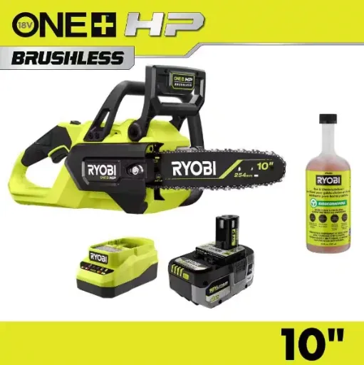 RYOBI ONE+ HP 18V Brushless 10 in. Battery Chainsaw with 4.0 Ah Battery and Charger