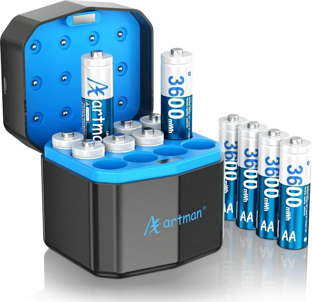 Artman Rechargeable Lithium AA Batteries 12-Pack w/ Fast Charger
