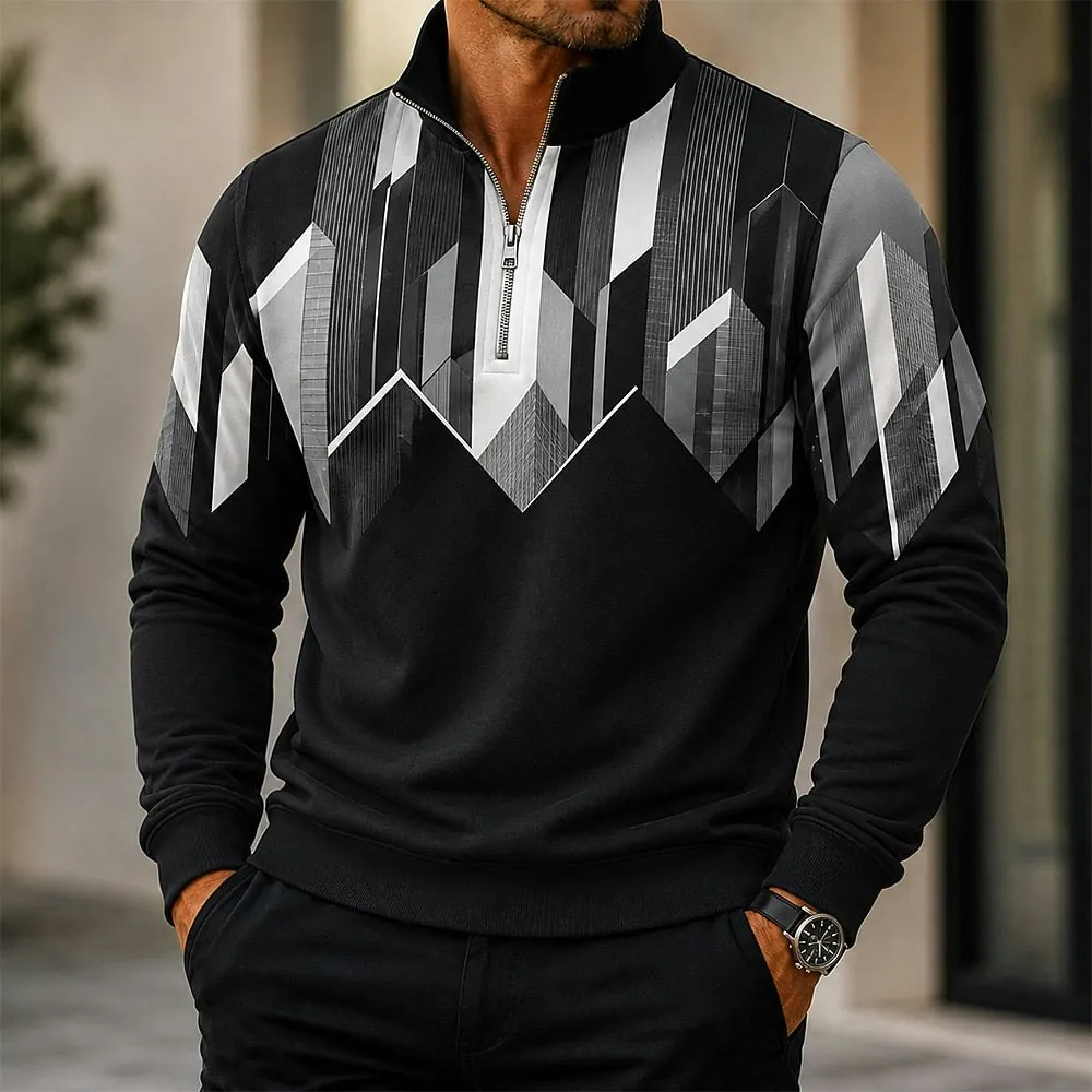 Men's Geometric Stand Collar Zip Sweatshirt for 2
