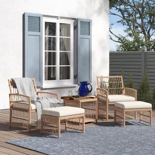 Anthippi Wicker 5-Piece 2-Person Outdoor Seating Group w Cushions