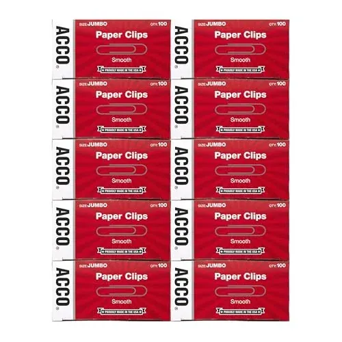 ACCO Brands Paper Clips, Jumbo, Smooth, Economy, 10 Boxes, 100/Box