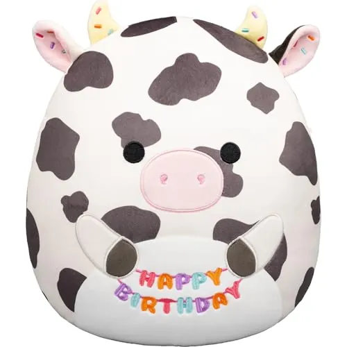 Squishmallows Original 12in Colin the Cow Holding “Happy Birthday” Sign