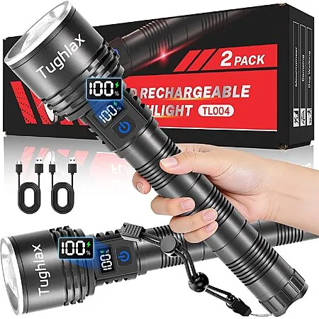 2-Pack Tughlax Rechargeable LED Flashlights w/ LCD Battery Display & Zoomable Beam