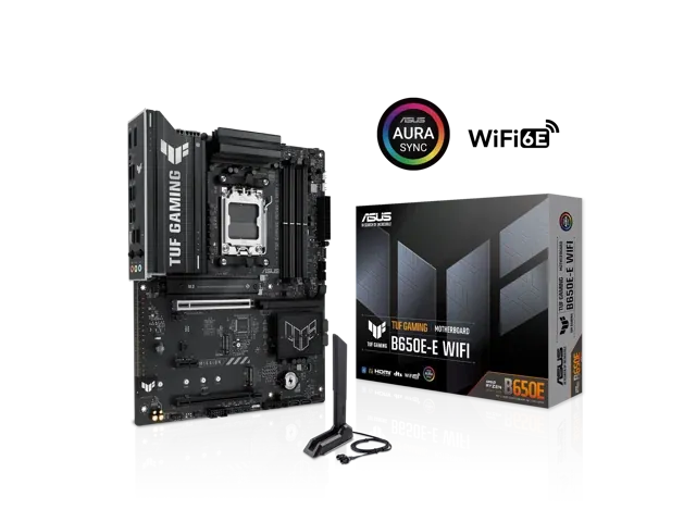 ASUS TUF GAMING B650E-E WIFI AMD AM5 B650 ATX motherboard, 8+2+1 80A DrMOS stage, DDR5, PCIe 5.0 Ready, 3x M.2, Wi-Fi 6E, 2.5 Gb LAN, DisplayPort, HDMI, USB 20Gbps Type-C, BIOS FlashBack, Aura Sync