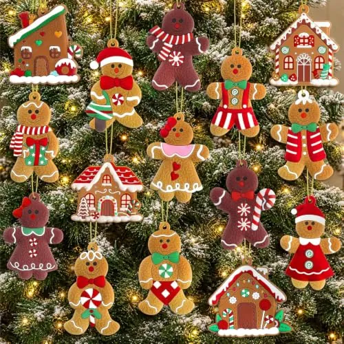 16-Piece 3" Kockuu Gingerbread Man & House Christmas Tree Ornament Set