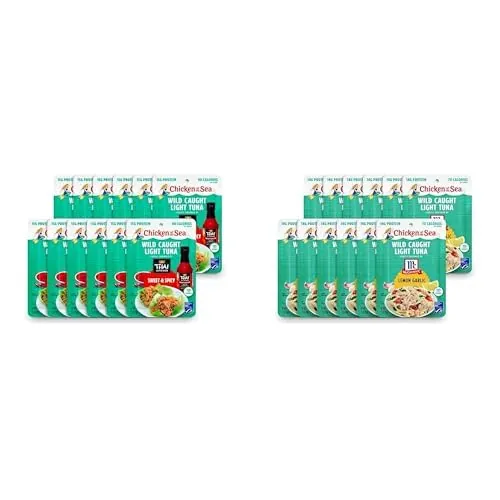 Chicken of the Sea Wild Caught Light Tuna 2.5 oz. Packets Sweet & Spicy and Lemon Garlic Seasoning (2 Boxes of 12)