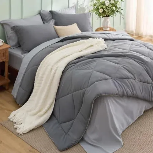 7-Piece Bedsure Queen Reversible Bed-in-a-Bag Set w/ Comforter, Sheets, Pillowcases & Shams (Grey/Light Grey)