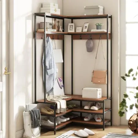 Giantex 5-Tier L-Shaped 70" Corner Coat Rack w/ Shoe Bench