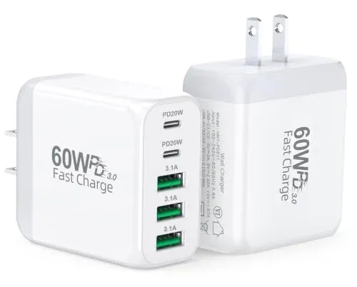 2-Pack 60W 5-Port USB-C Wall Charger Block with PD & Quick Charge 3.0