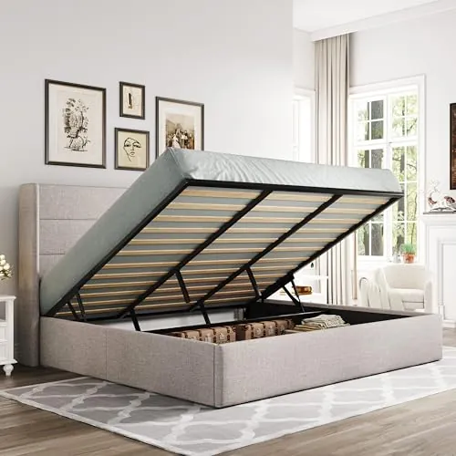 Allewie King Size Lift Up Hydraulic Storage Bed Frame Light Beige