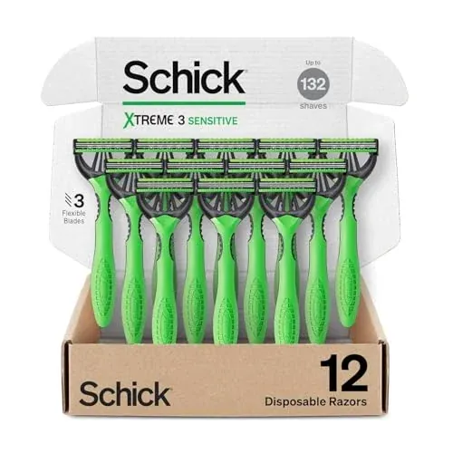 Schick Xtreme 3 Sensitive 3-Blade Disposable Razors for Men, 12 Count