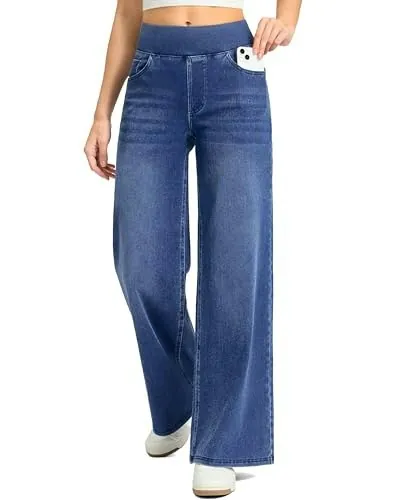 Rammus Women's Wide Leg Pull-On High Waisted Denim Jeans
