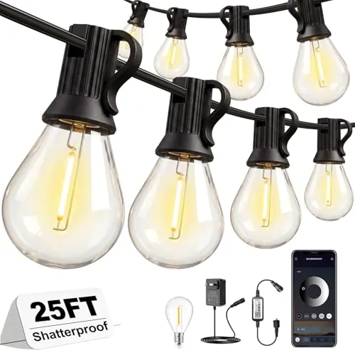 Outdoor String Lights 25FT, APP Control Dimmable S08 Edison LED Bulbs
