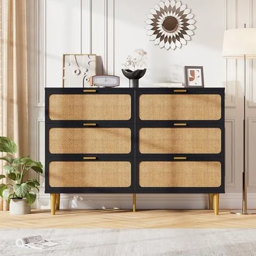 GarveeHome 6-Drawer Rattan Dresser with Metal Legs (Black)