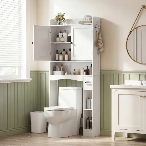 Freestanding Over-the-Toilet Storage with Storage Cabinet (White)